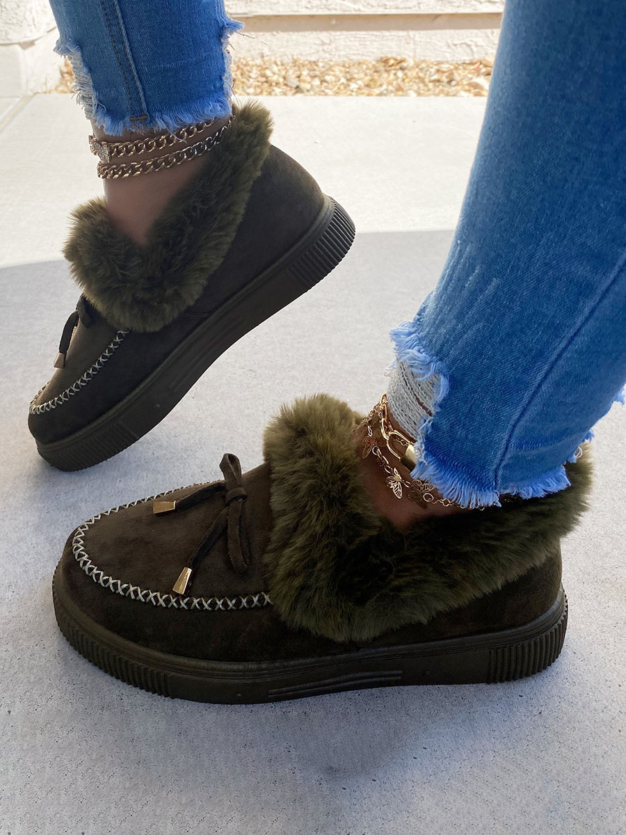 

LW Bow Decor Patchwork Plush Flats, Army green
