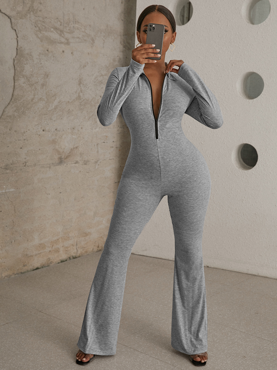 LW COTTON Zipper Design Basic Flared Jumpsuit