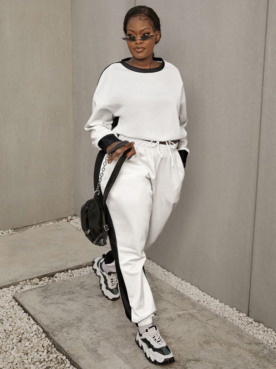 

LW Sweat Drawstring Patchwork Tracksuit Set, Black and white