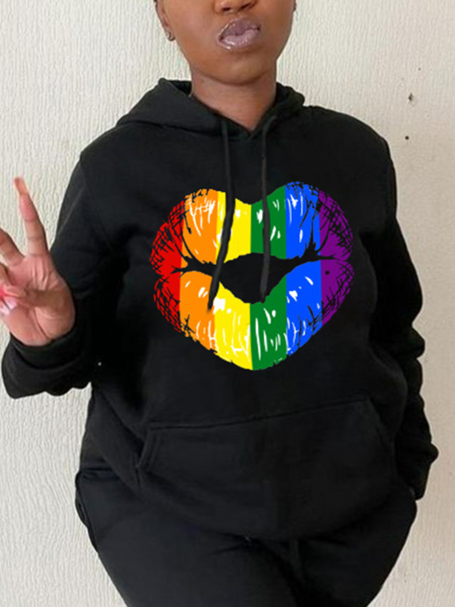 

LW Plus Size Pocket Design Lip Print Hoodie, Black