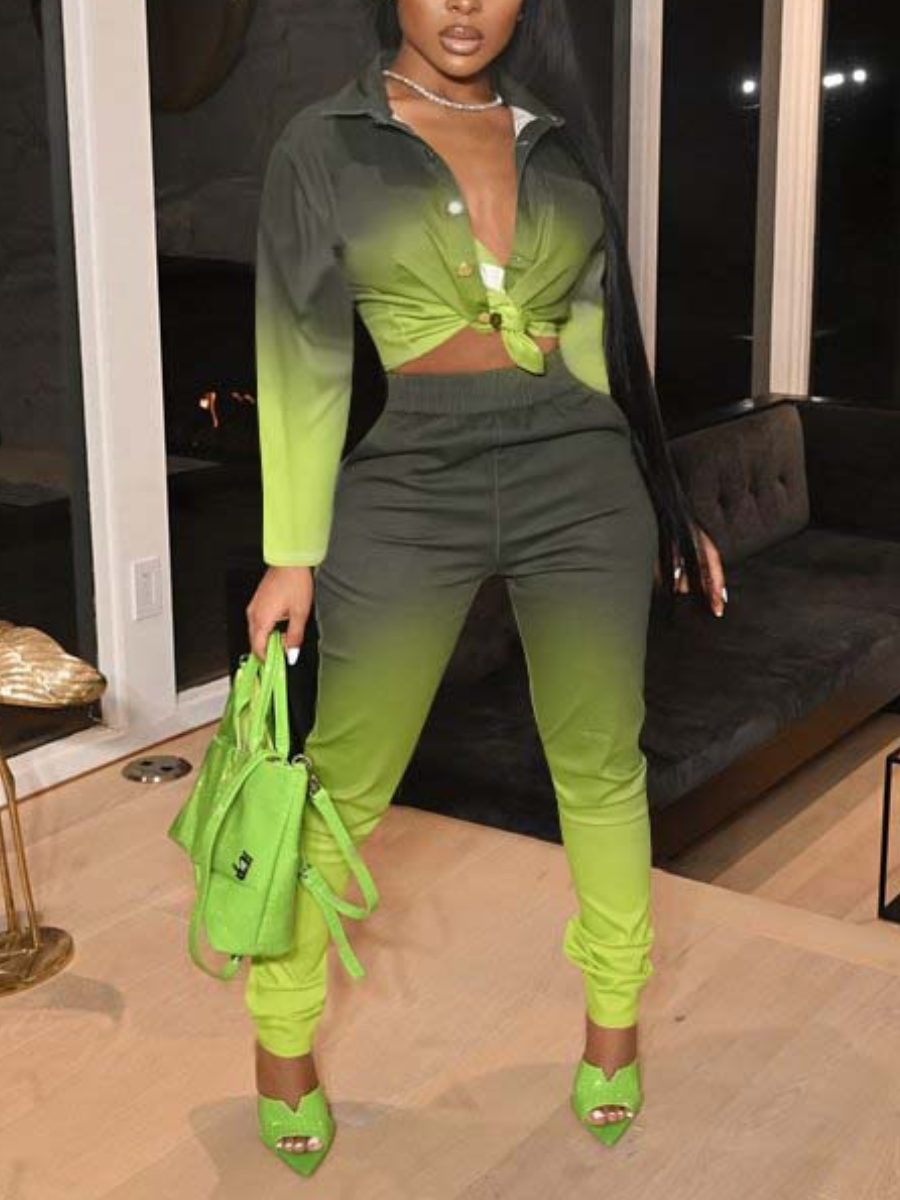 

LW Gradient Button Design Pants Set, Green