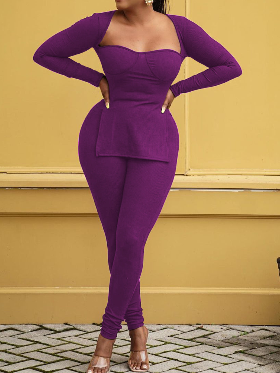 

LW SXY Rib Knit Split Basic Pants Set, Purple