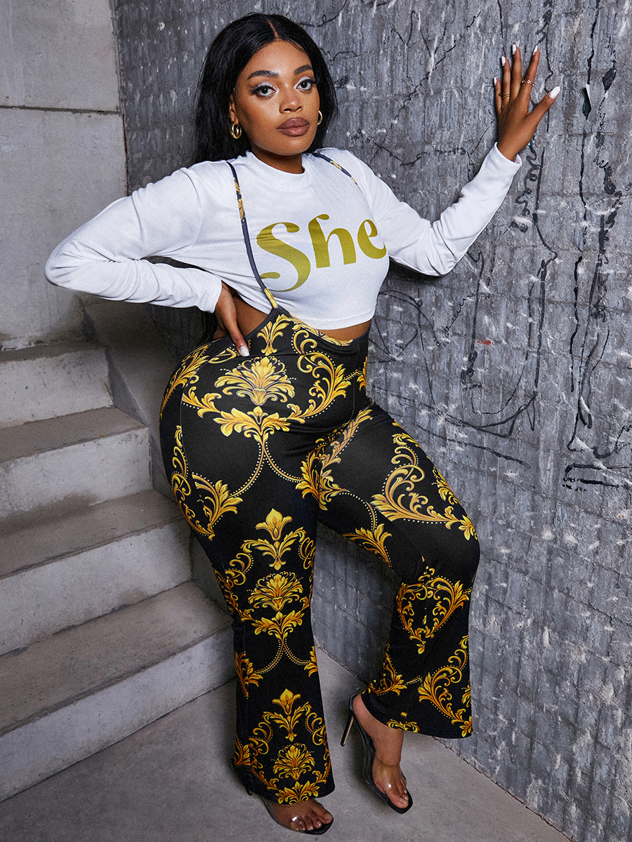 

LW Plus Size Letter Print Crop Overall Pants Set, Multi