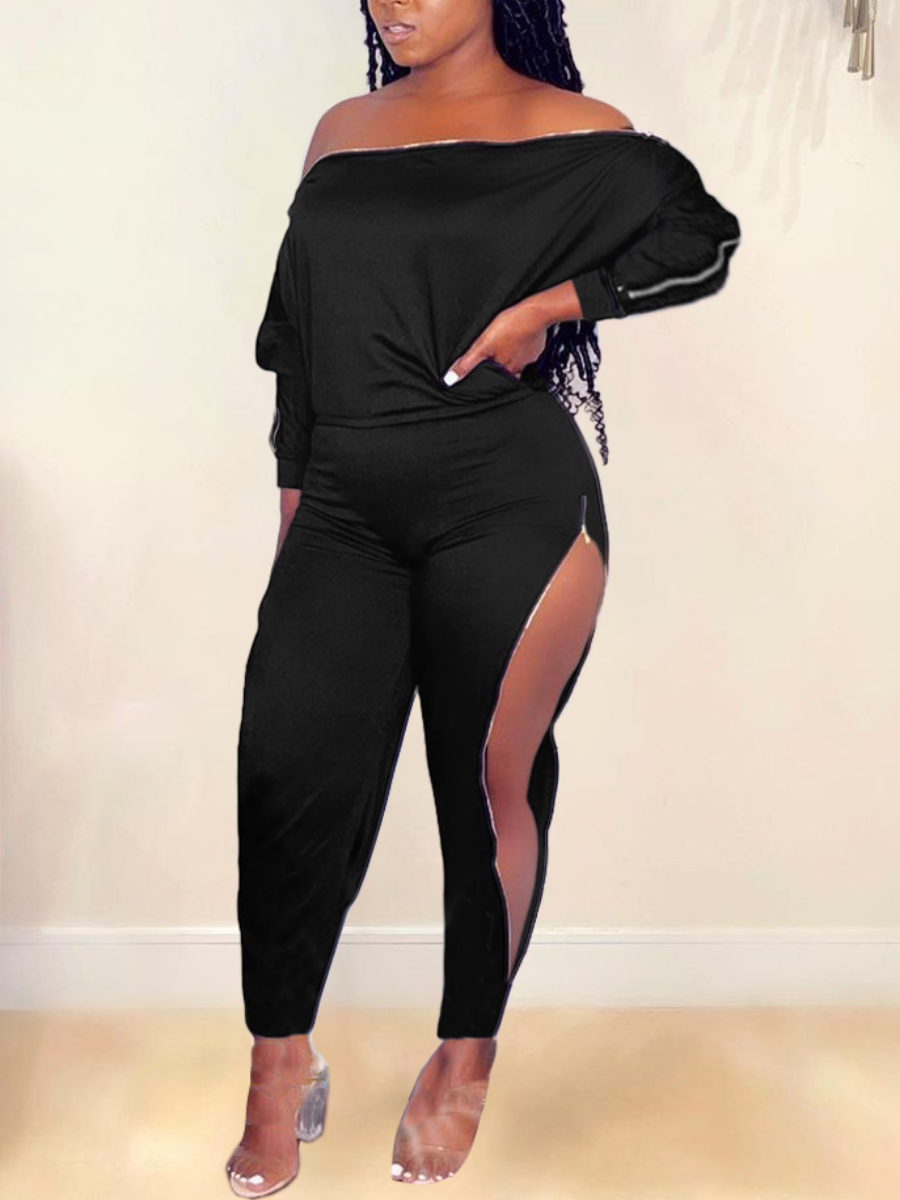 

LW SXY Zipper Design High Split Solid Pants Set, Black