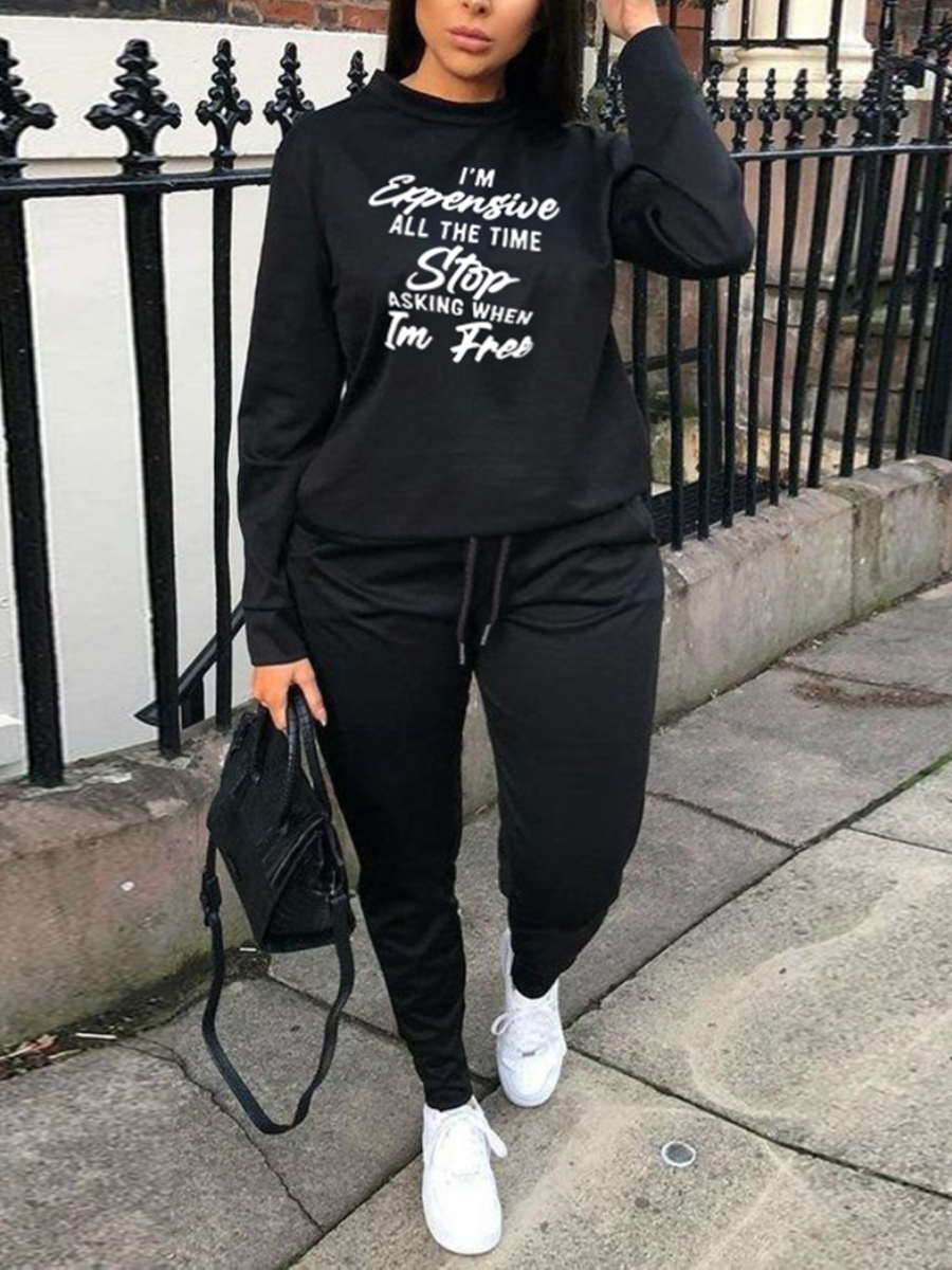 

LW Plus Size Drawstring Pocket Design Tracksuit Set, Black