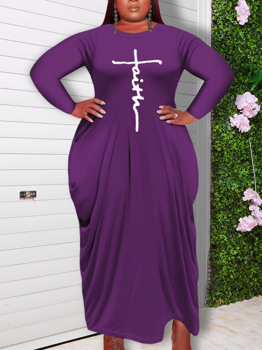LovelyWholesale Plus Size Faith Letter Print Loose Dress Fall Long Sleeve Casual Ruched Round Neck  5X Spring Summer 2024