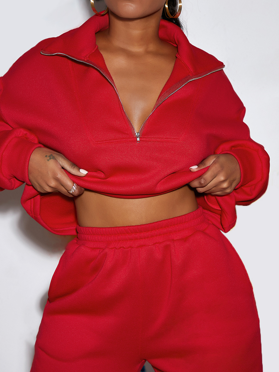 

LW COTTON Sweat Zipper Pocket Design Basic Pants Set, Red