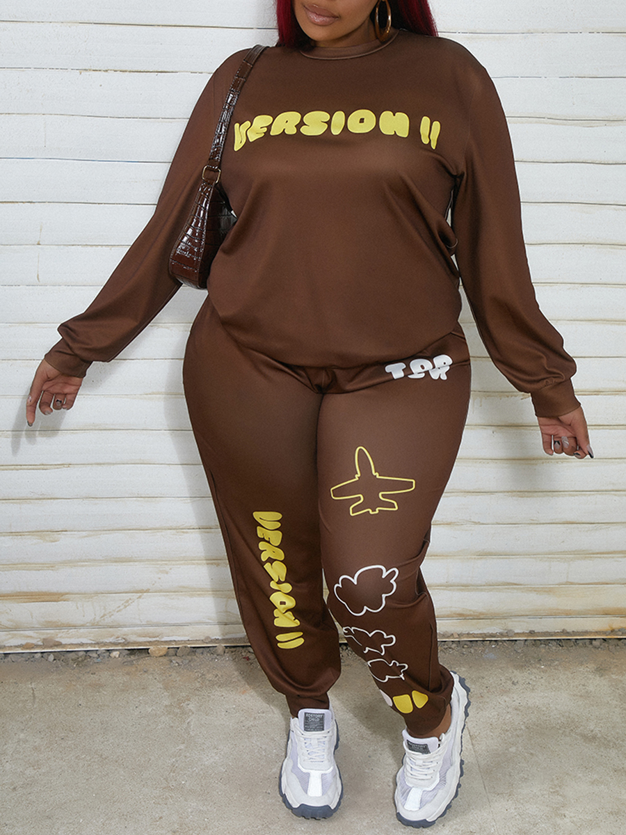 

LW Plus Size Sweat Letter Print Pullover Tracksuit Set, Brown