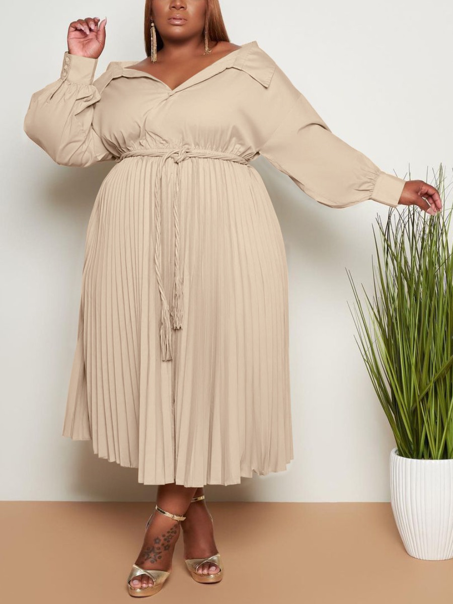 

LW Plus Size Waist Tie Ruched Pleated Dress, Khaki