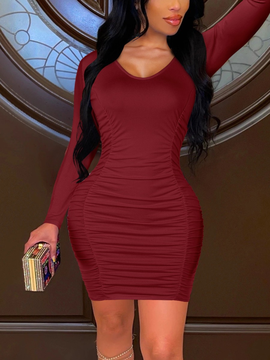 LW Ruched Skinny Bodycon Dress, Wine red