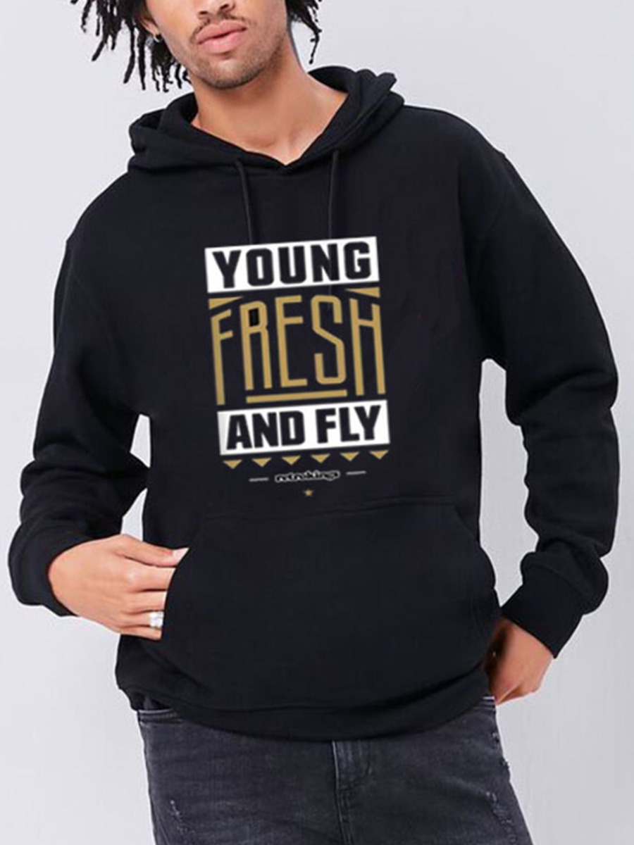 

LW Men Letter Print Pocket Design Hoodie, Black