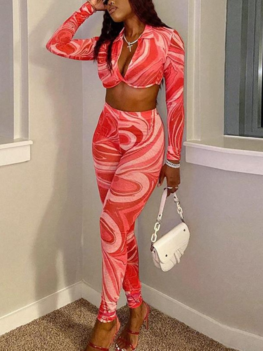 

LW SXY Mesh Tie Dye Crop Top Pants Set, Red