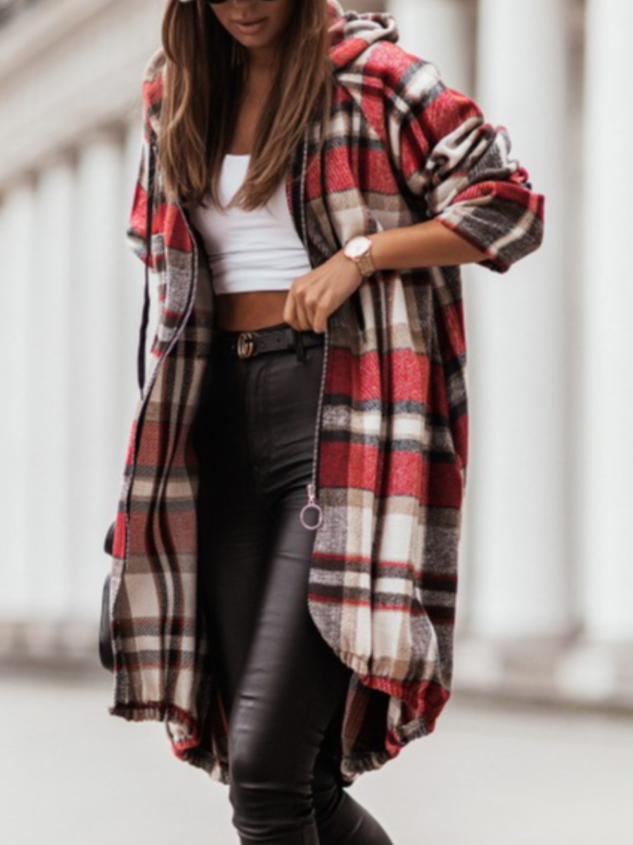

LW Hooded Collar Plaid Print Wool Overcoat, Red