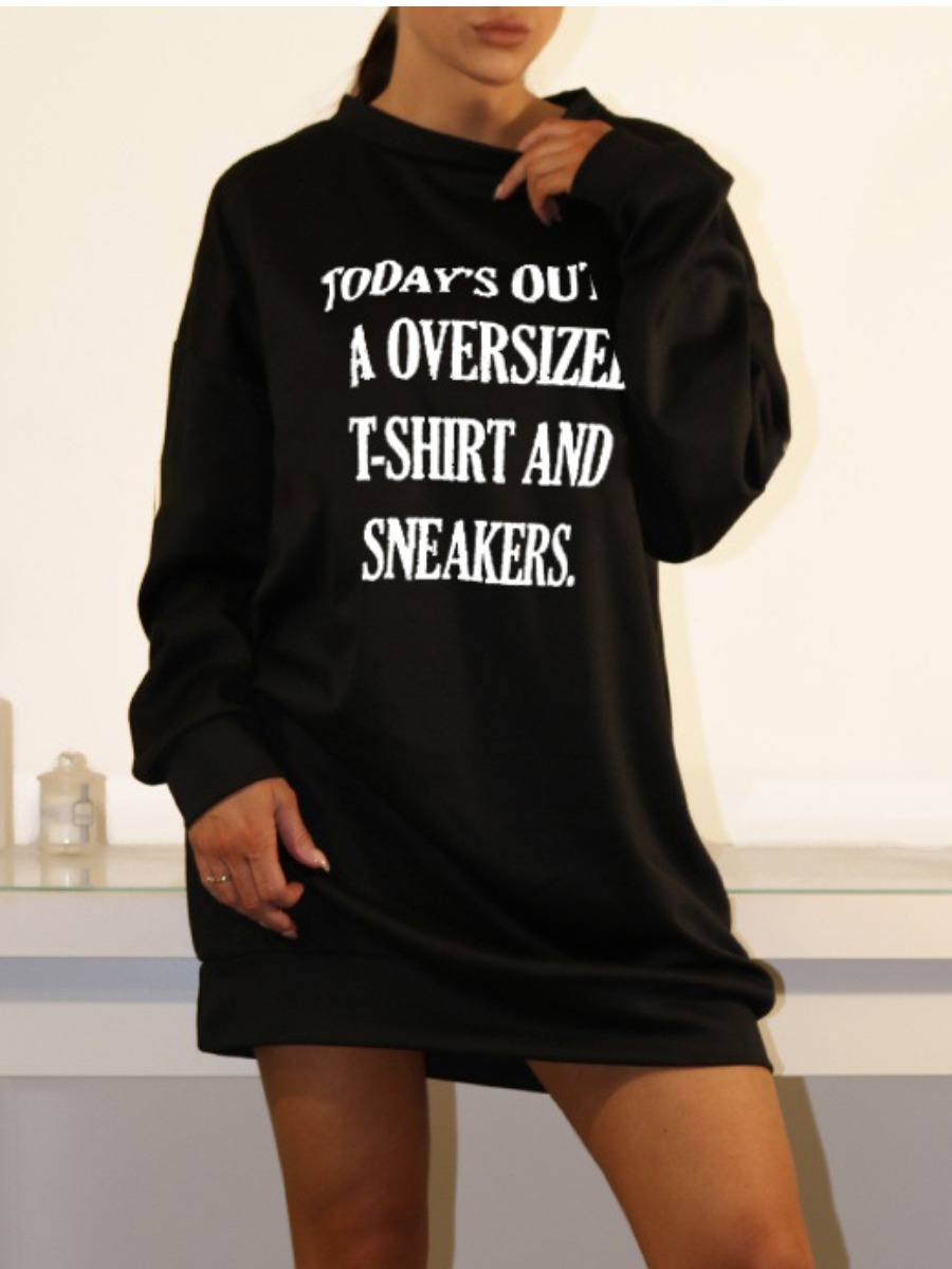 

LW Hooded Collar Letter Print Sweat Dress, Black