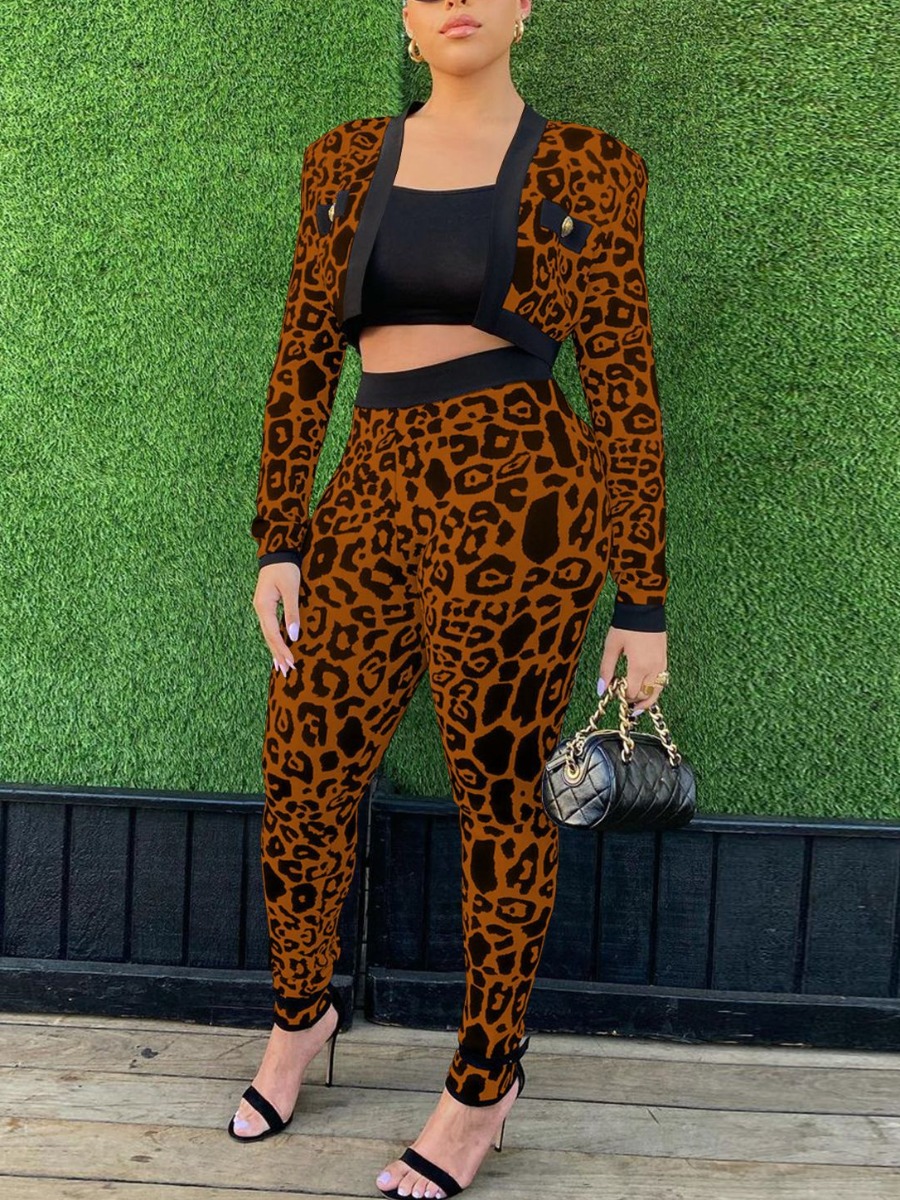 

LW Leopard Print Open Front Crop Pants Set (Without Bra), Brown