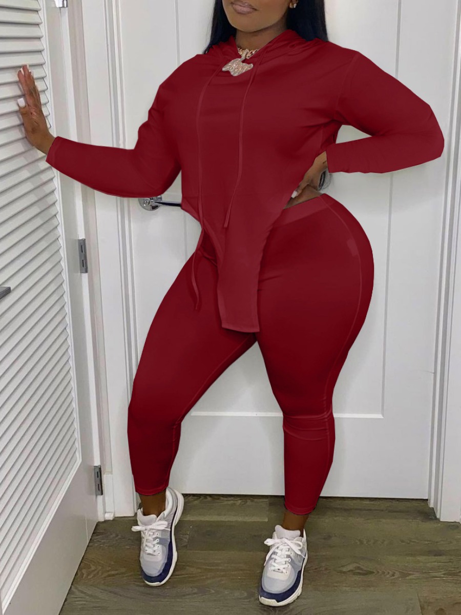 

LW Plus Size Asymmetrical Skinny Pants Set, Red