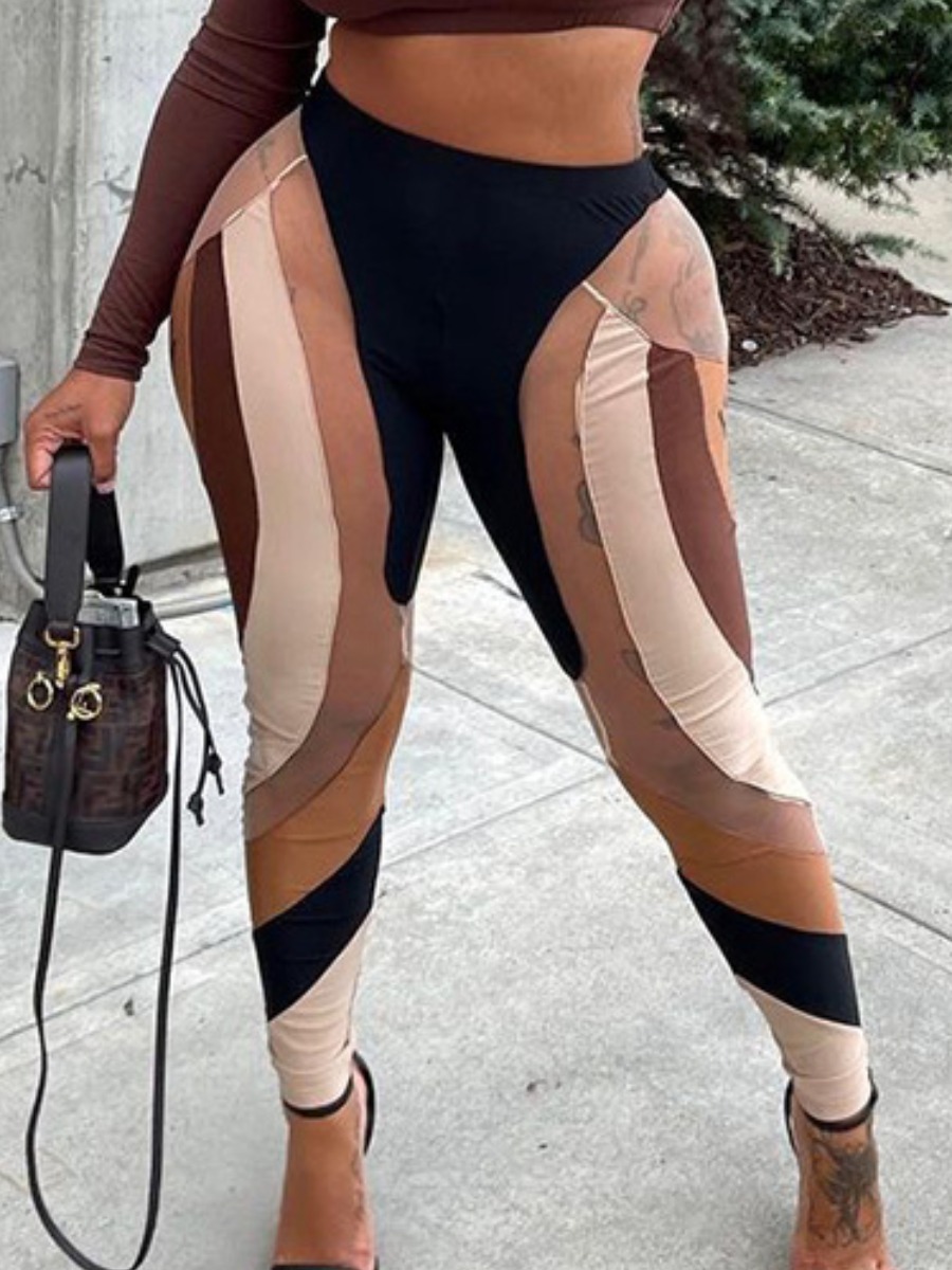 

LW Striped Patchwork Skinny Leggings, Brown