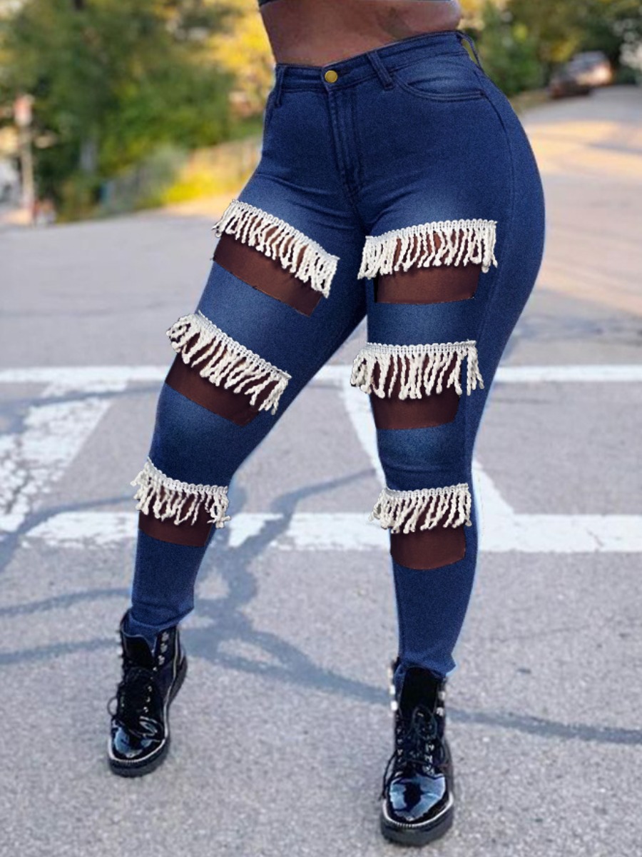 

LW Tassel Design Patchwork Skinny Jeans, Deep blue