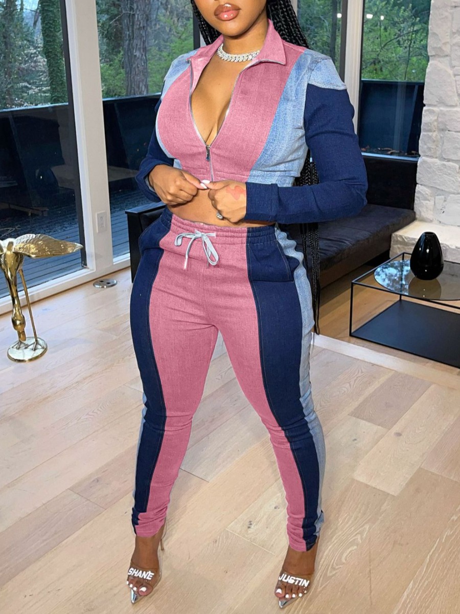 

LW Imitation Denim Color Block Zipper Crop Top Pants Set, Pink