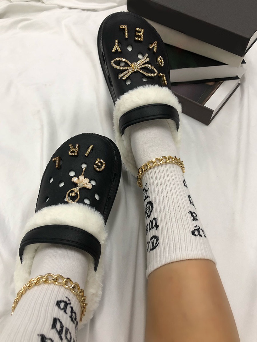 

LW Sequined Letter Flower Bow Decor Slippers (DIY), Black