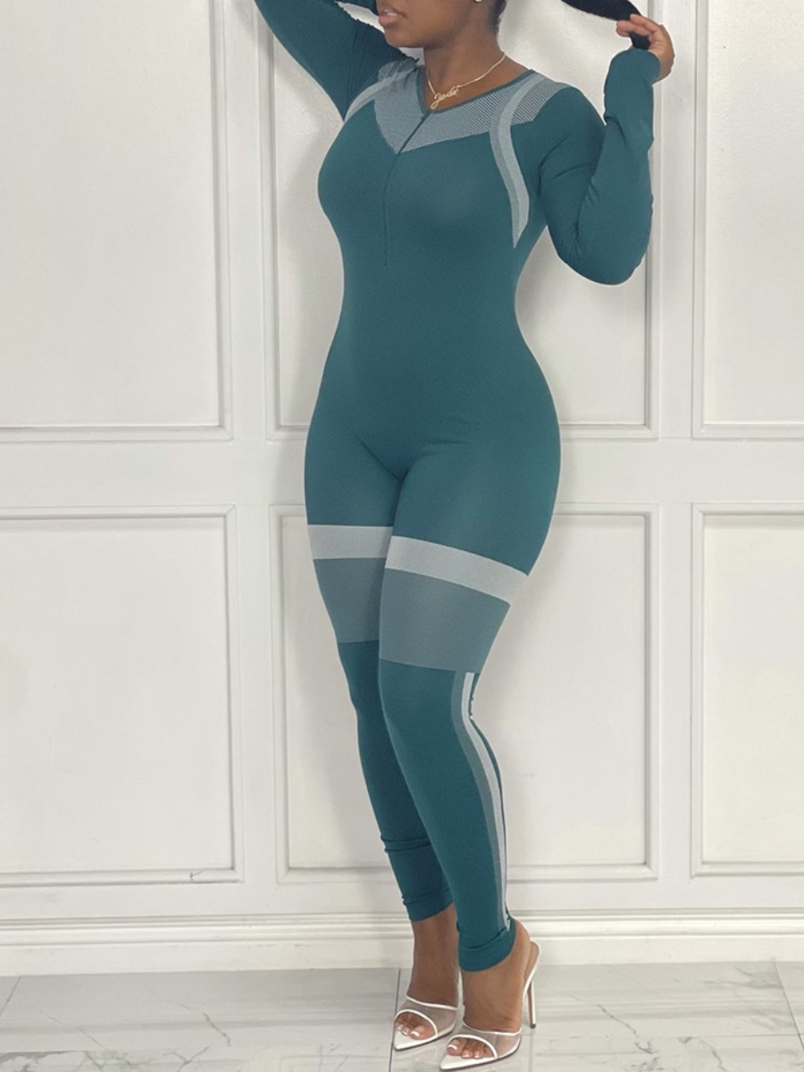 

LW Striped Patchwork Yoga Skinny Jumpsuit, Blue