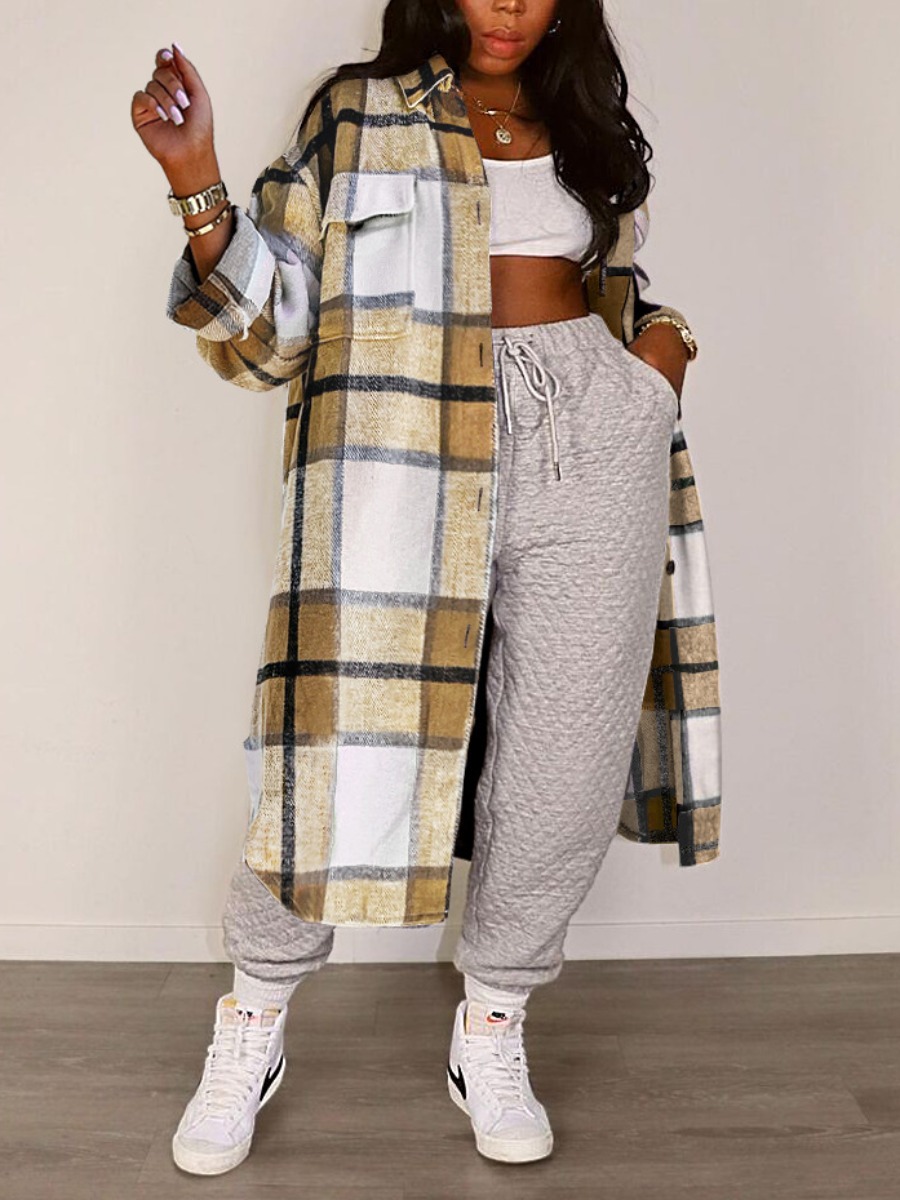 

LW Button Design Plaid Loose Wool Overcoat, Khaki