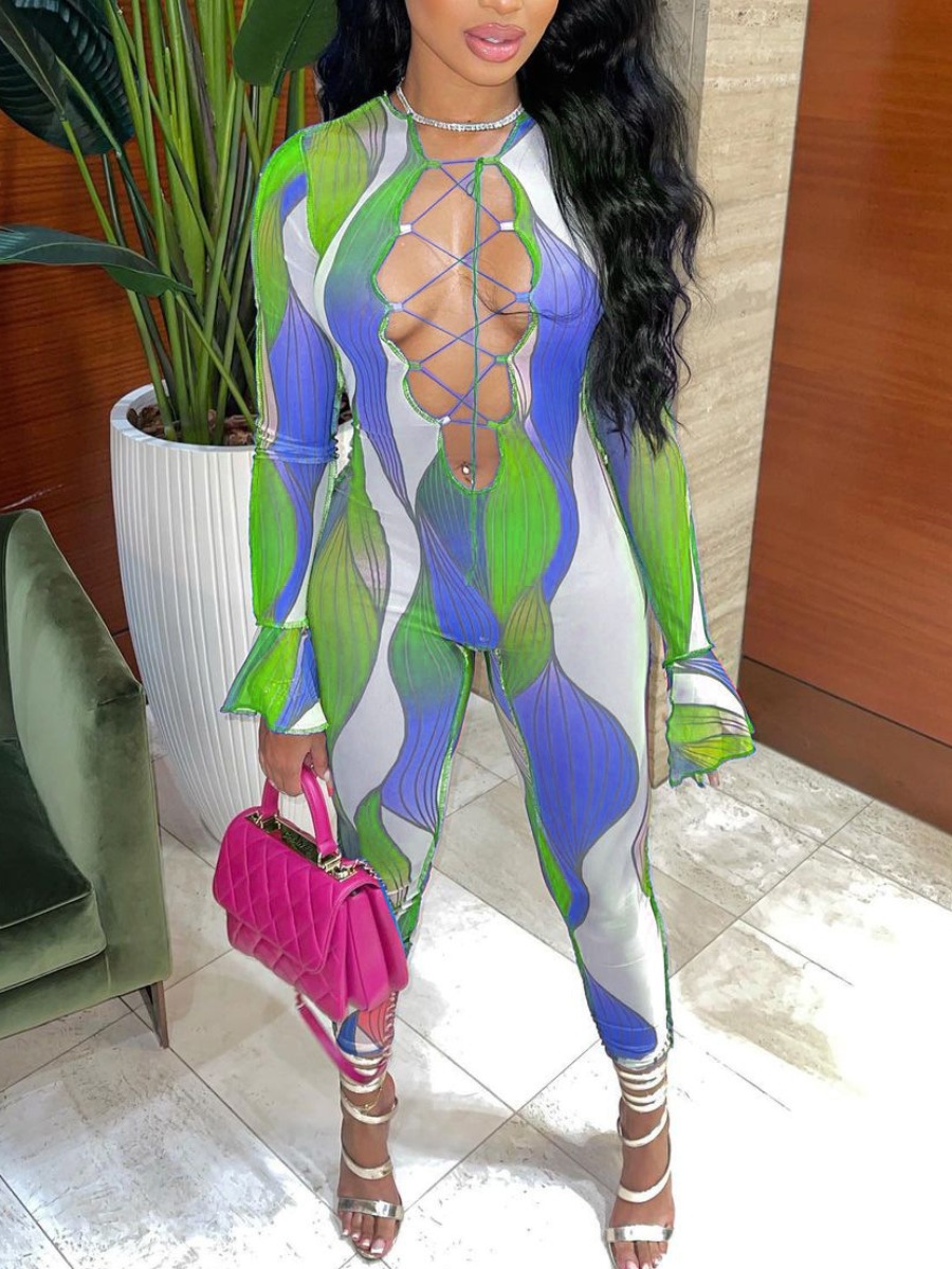 

LW SXY Color Block Hollow Out Flared Jumpsuit, Green
