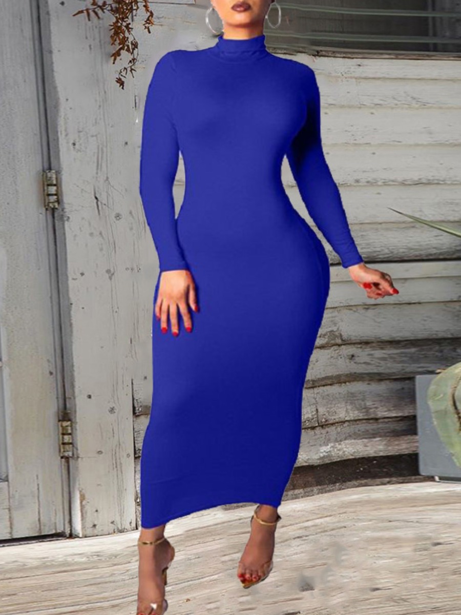 

LW BASICS Zipper Design Solid Bodycon Dress, Blue