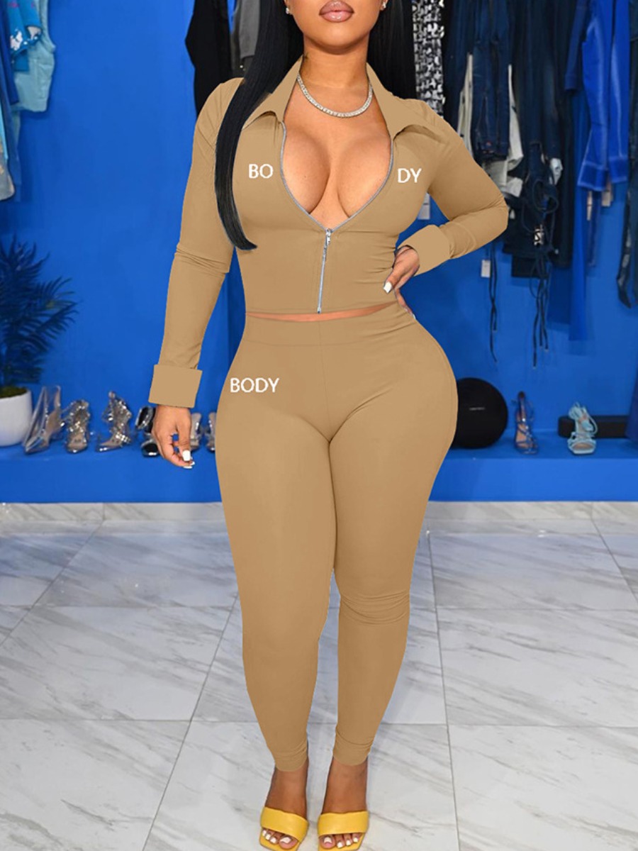 

LW SXY Embroidered Letter Zip Up Pants Set, Khaki