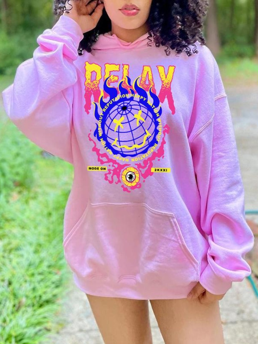 

LW Flame Letter Print Oversized Hoodie, Pink