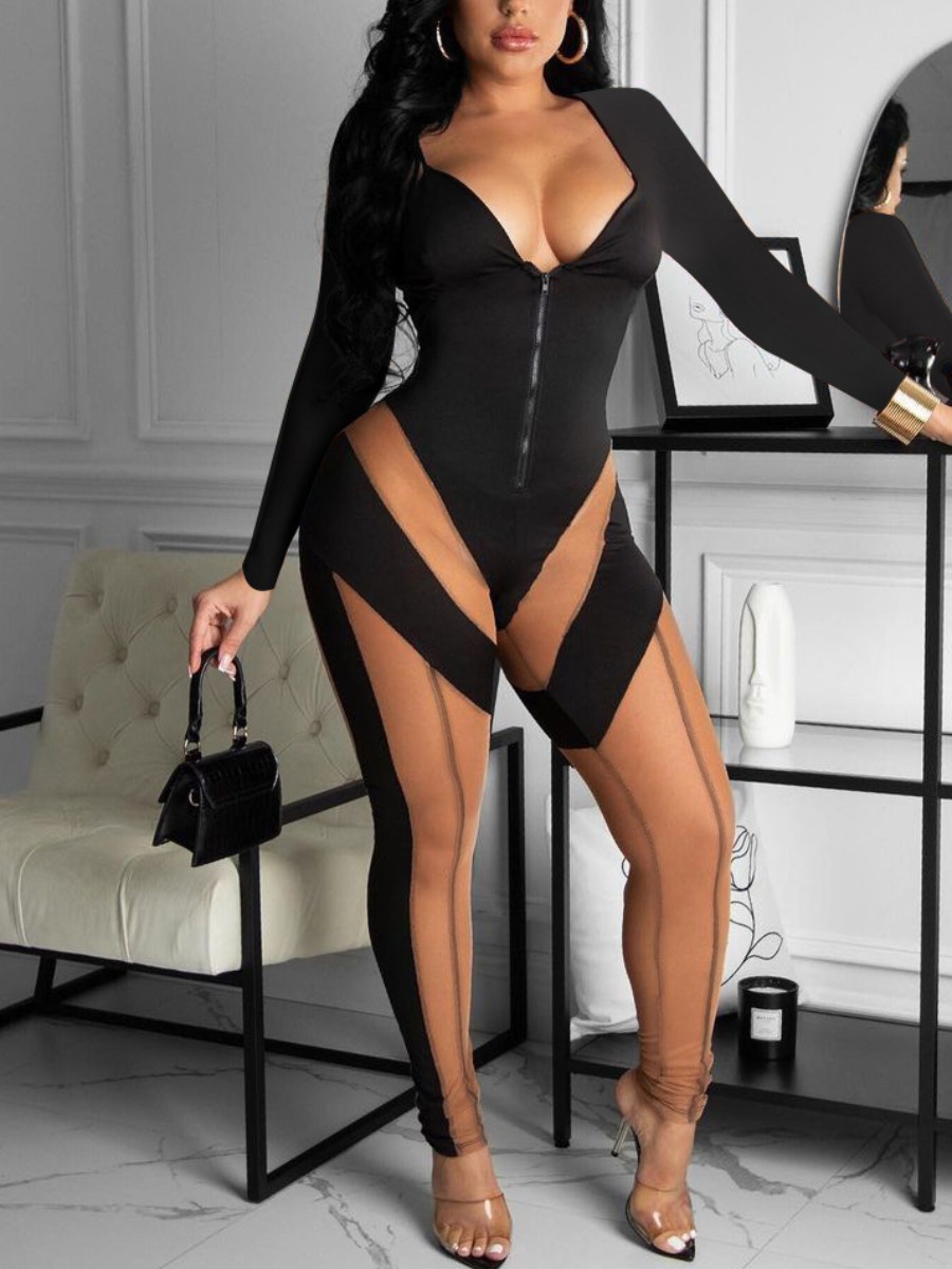 

LW SXY Zip Up Mesh Patchwork Jumpsuit, Black