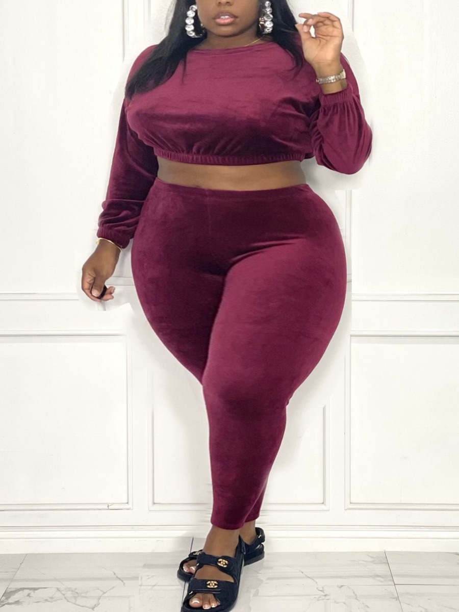 

LW BASICS Plus Size Velvet Crop Top Pullover Pants Set, Wine red