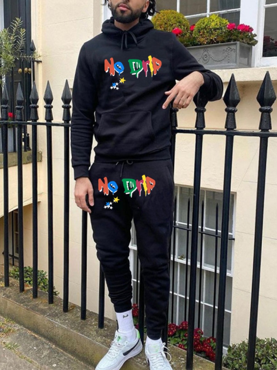 

LW Men Letter Print Drawstring Tracksuit Set, Black
