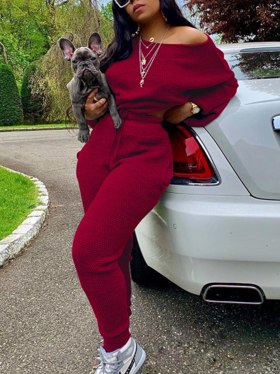 

LW Plus Size Rib Knit Drawstring Pants Set, Red