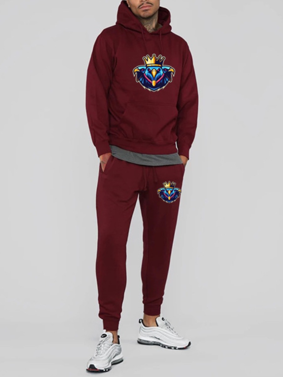 

LW Men Crown Print Drawstring Tracksuit Set, Wine red