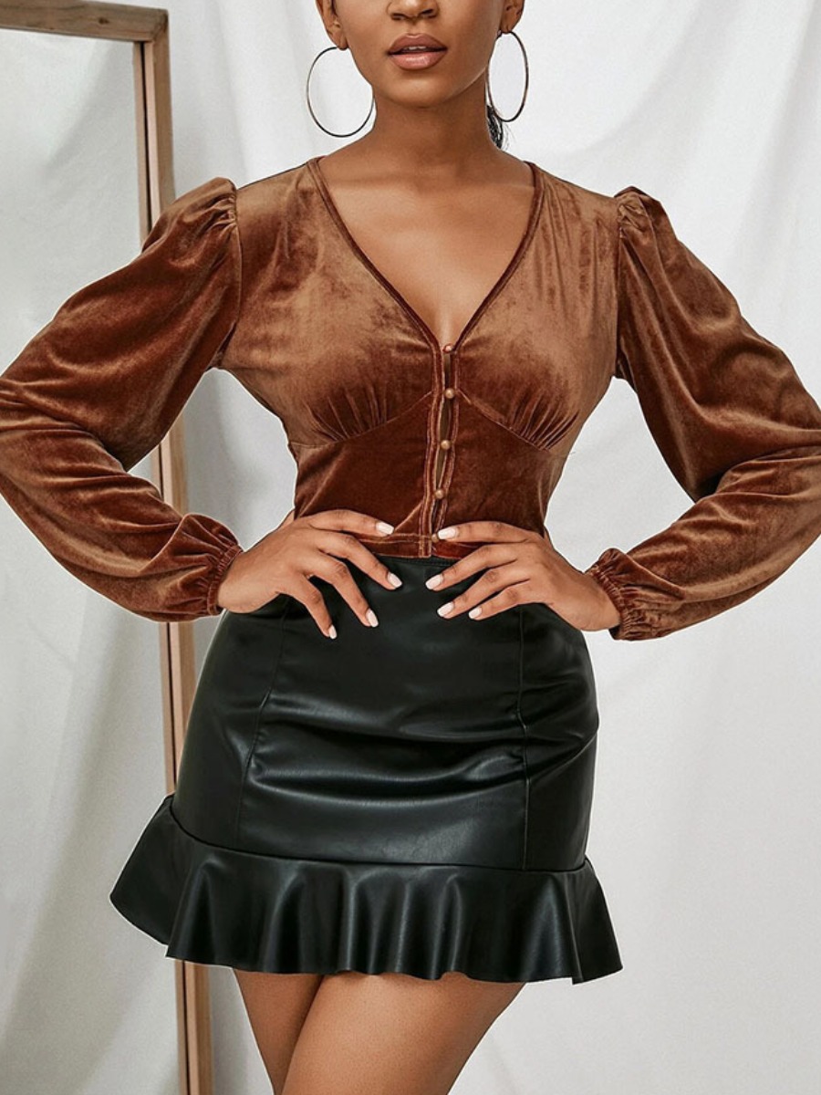 

LW Velvet Puff Sleeve Crop Top Blouse, Brown