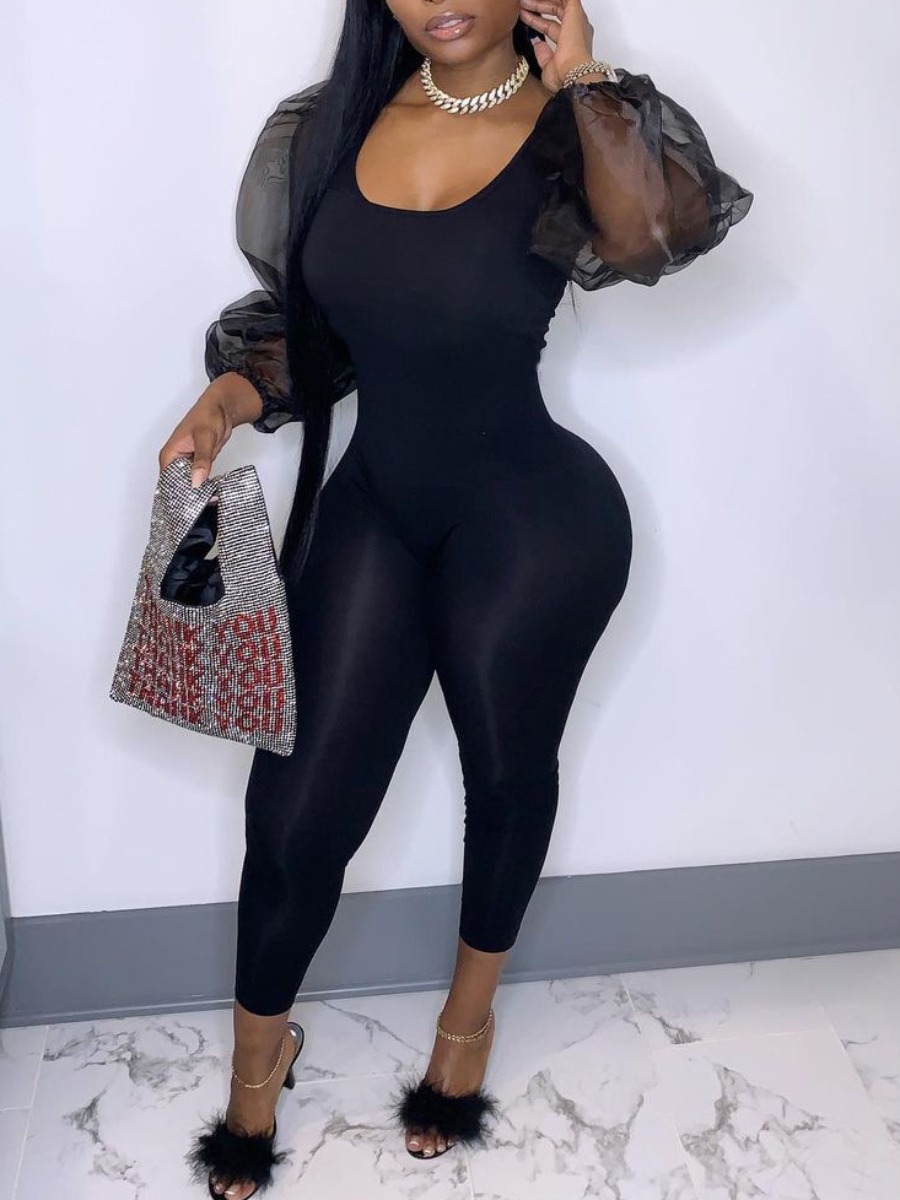 

LW SXY Mesh Puff Sleeve Panel Basic Jumpsuit, Black