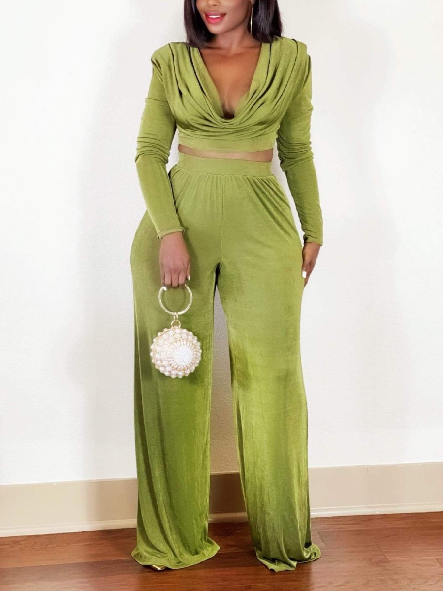 

LW SXY Velvet Ruched Solid Pants Set, Green