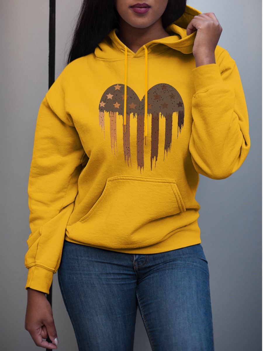 

LW Plus Size Pocket Heart Star Print Hoodie, Yellow