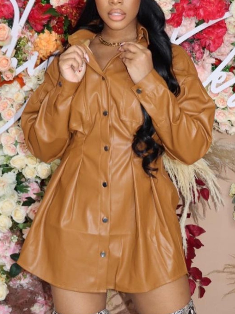 LW Leather Lapel Neck Button Decoration Dress