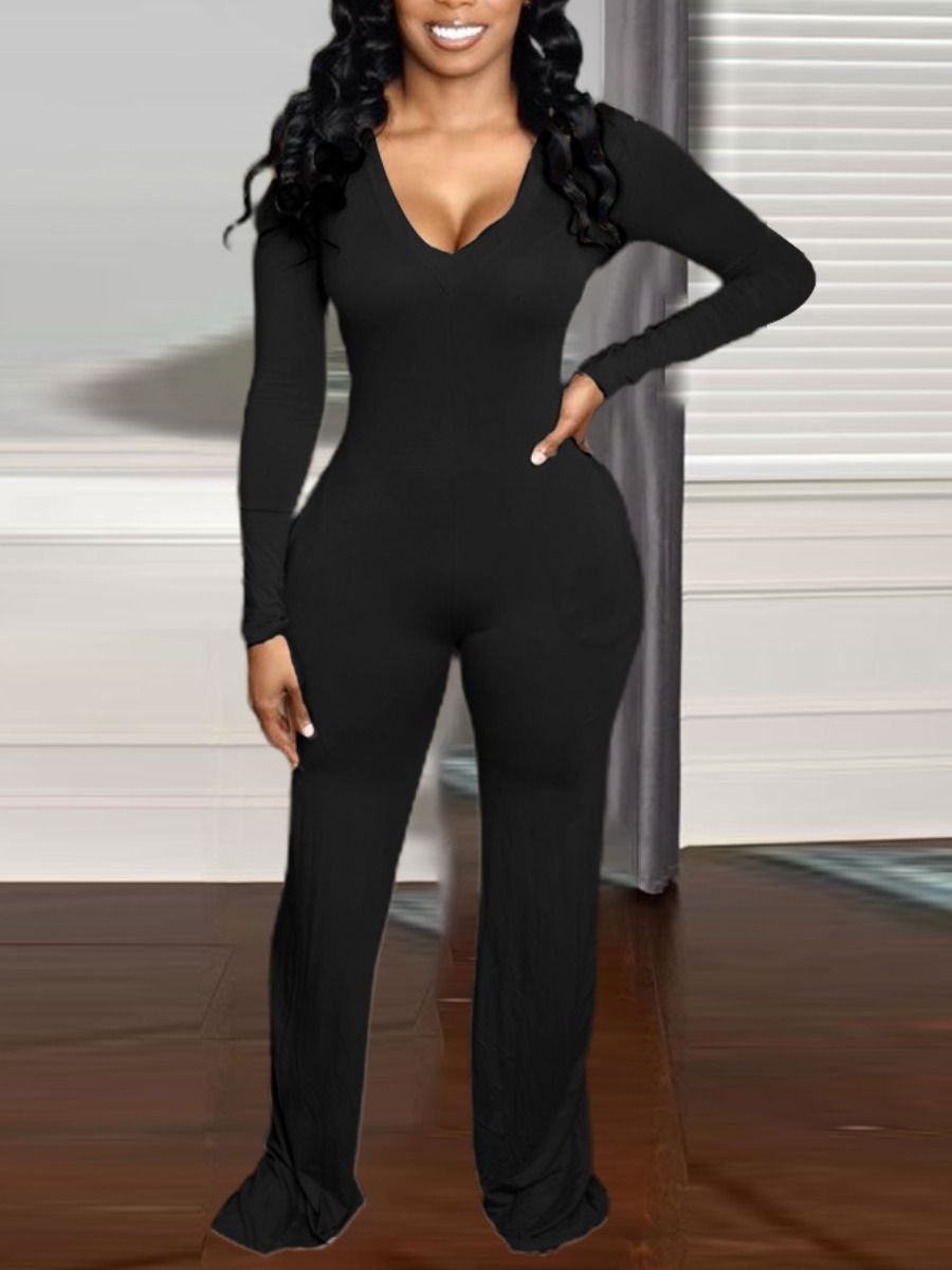 

LW BASICS V Neck Skinny Jumpsuit, Black