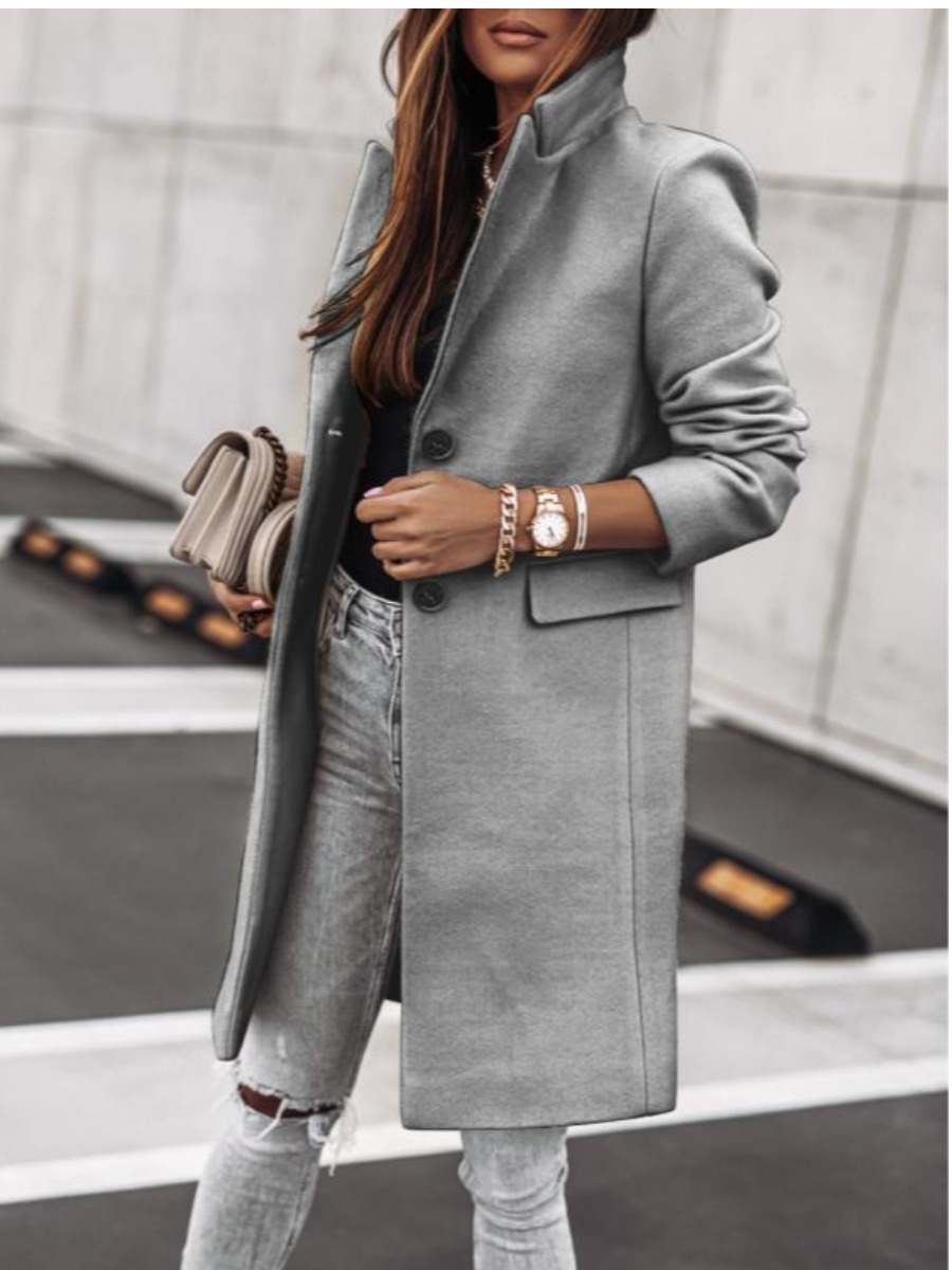 

LW Button Decora Solid Loose Wool Overcoat, Grey