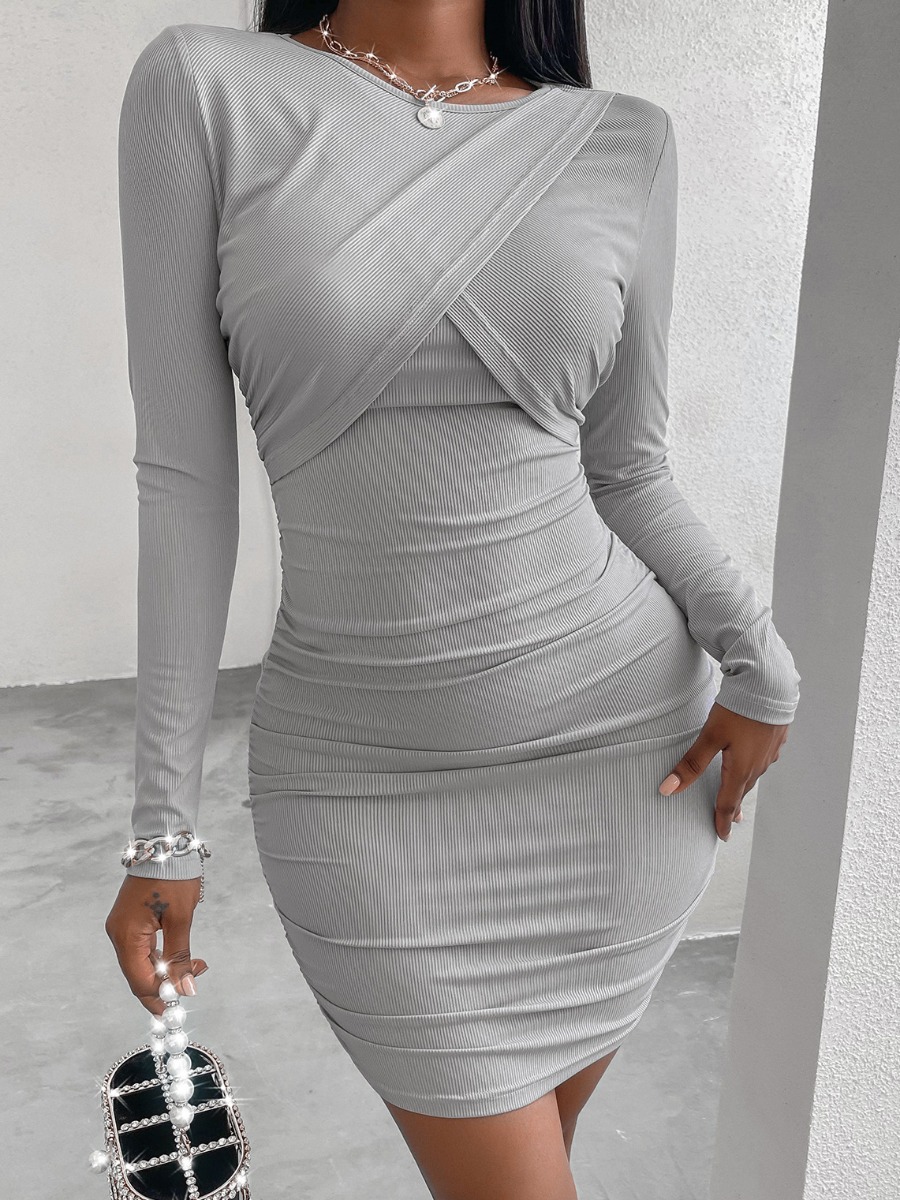 

LW SXY Cross-over Design Ruched Solid Bodycon Dress, Grey