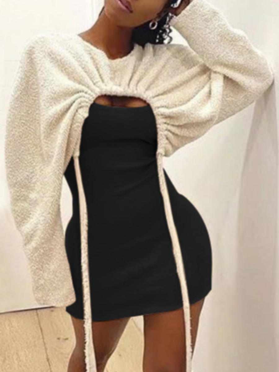 

LW Drawstring Teddy Crop Top Dress Set, Black