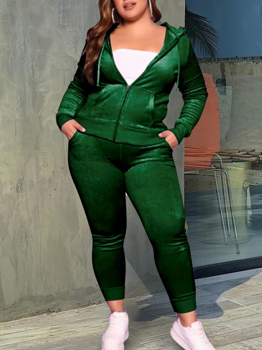 

LW Plus Size Velvet Zip Up Pocke Design Pants Set, Black green