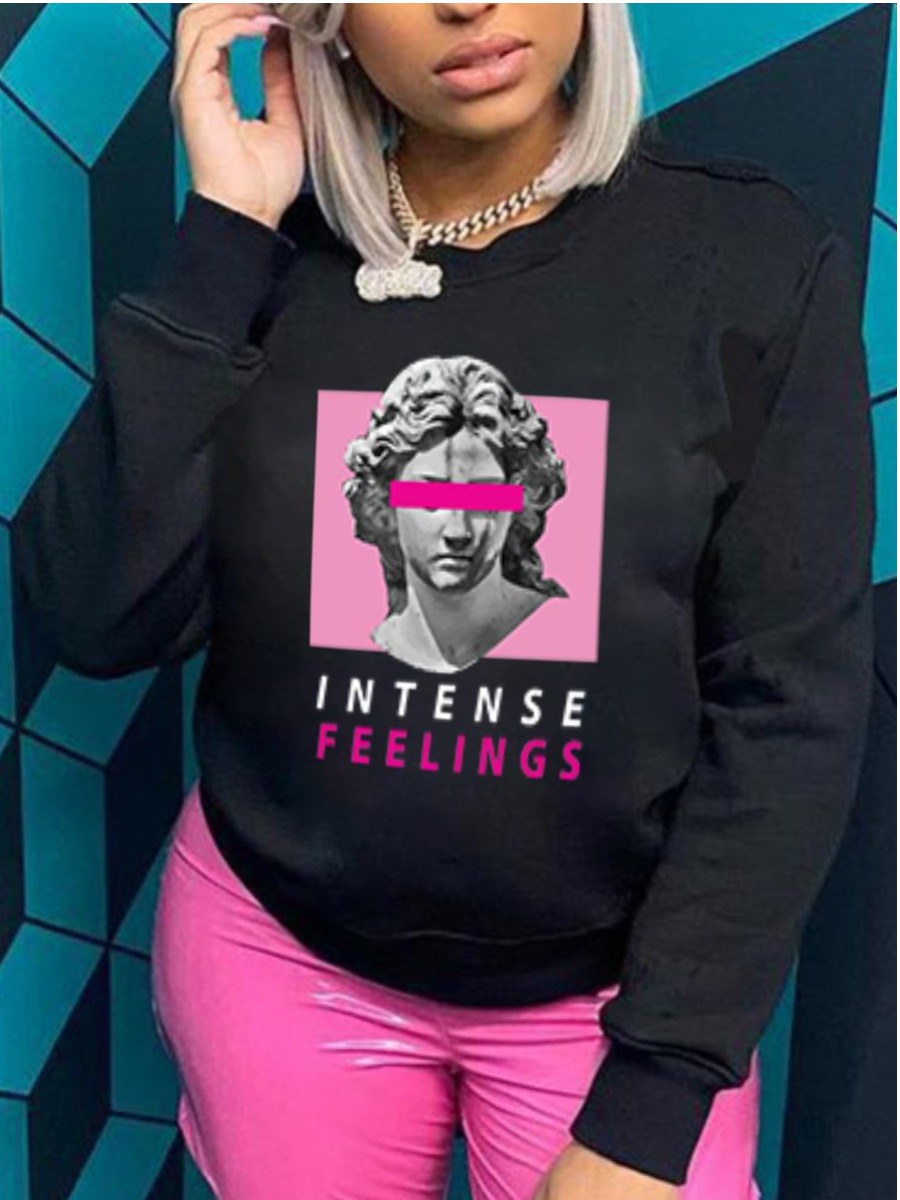 

LW Letter Figure Print Pullover Sweatshirt, Black