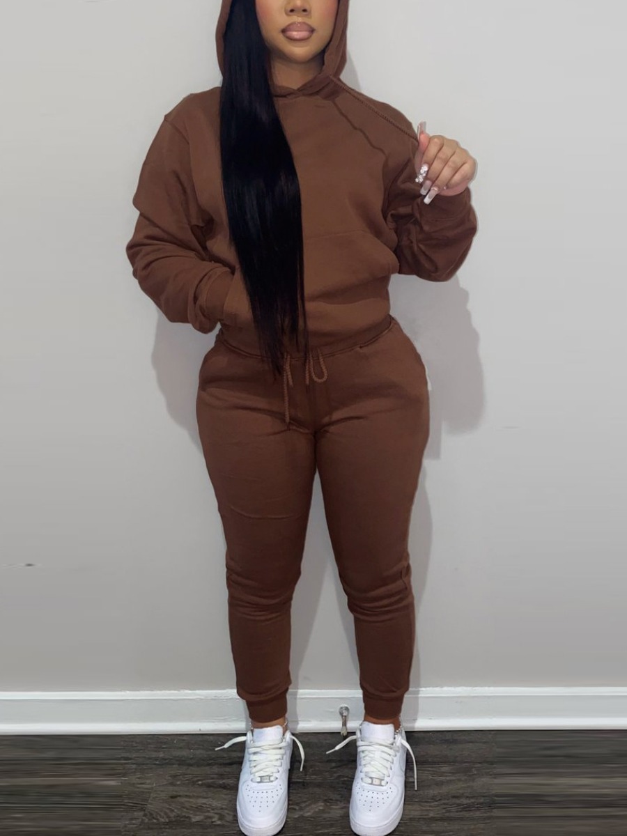 

LW BASICS Drawstring Pocket Design Solid Tracksuit Set, Coffee