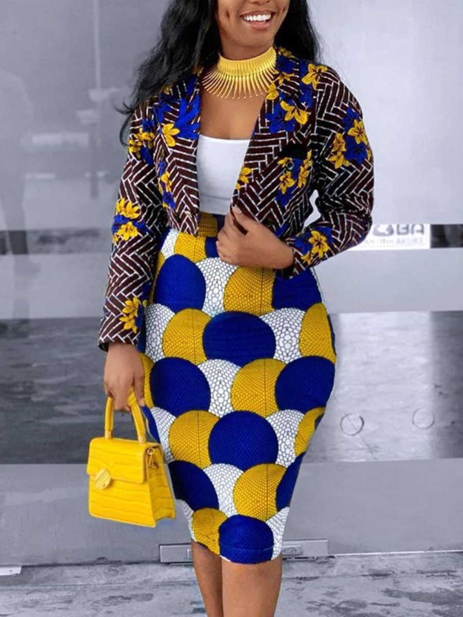LW Color Block Leaf Pattern Crop Skirt Set
