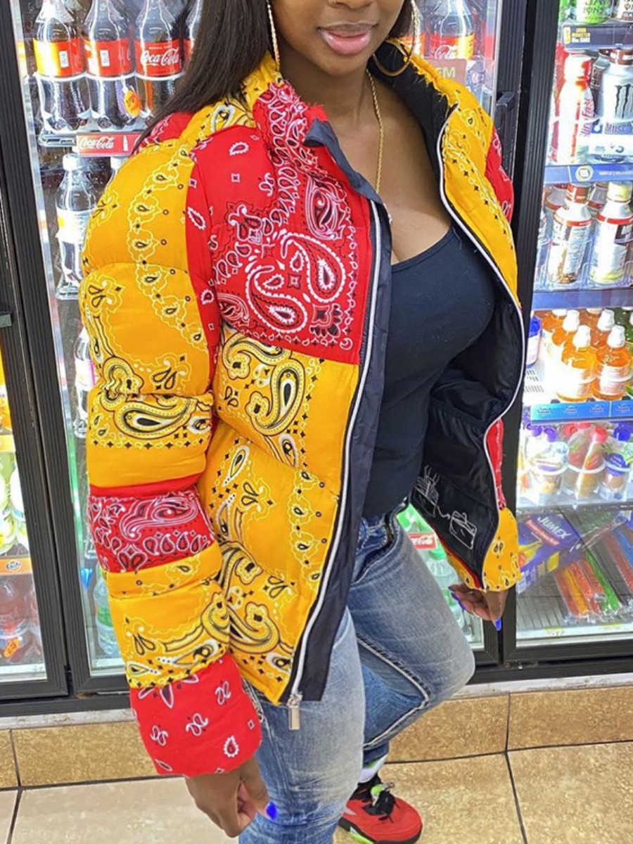 

LW Plus Size Cashew Print Pufffer Jacket, Yellow