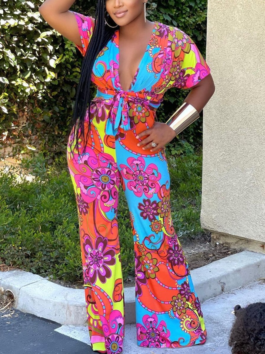 

LW SXY Flower Print Color Block Wide Leg Jumpsuit, Multi
